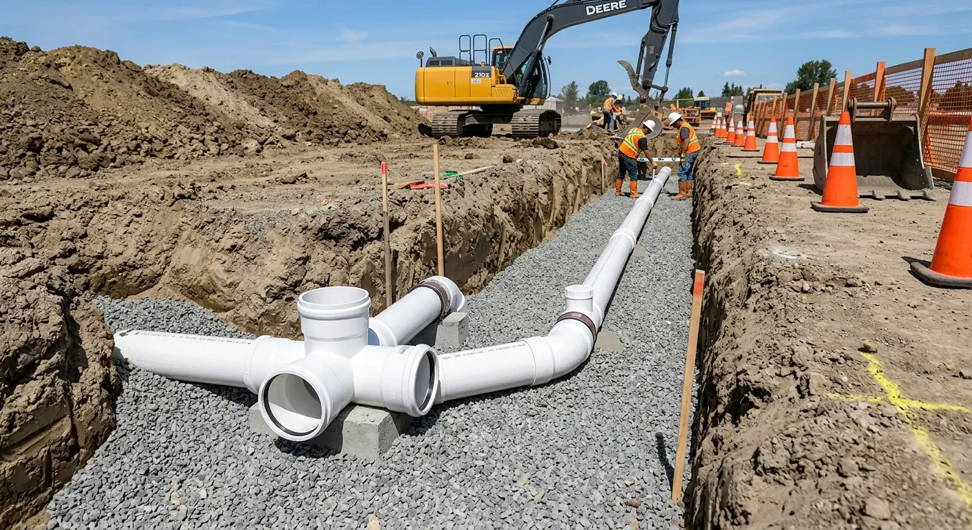New PVC sewer pipe installation in open trench for Sewer Backup in Gilmer