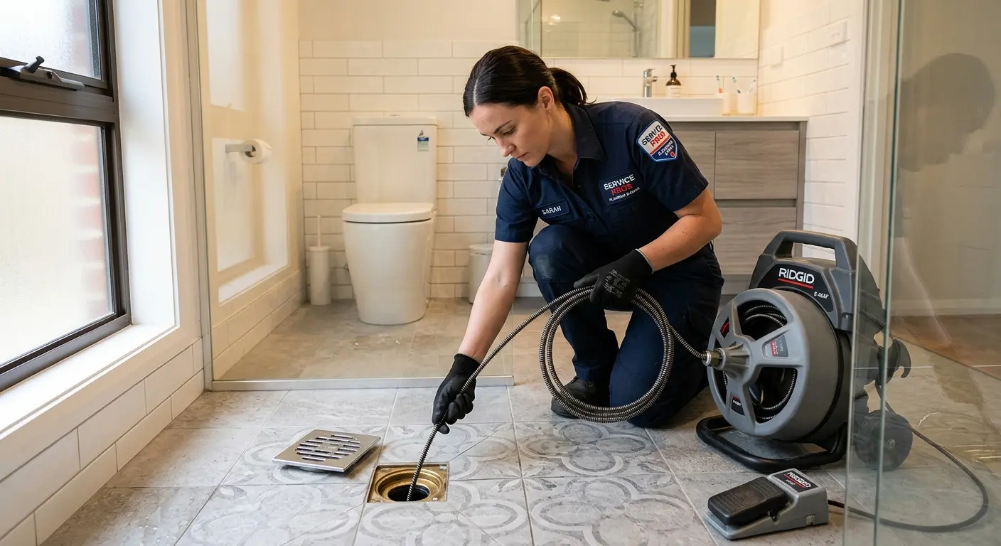 Technician clearing a bathroom floor drain for Sewer Line Installation in Gilmer